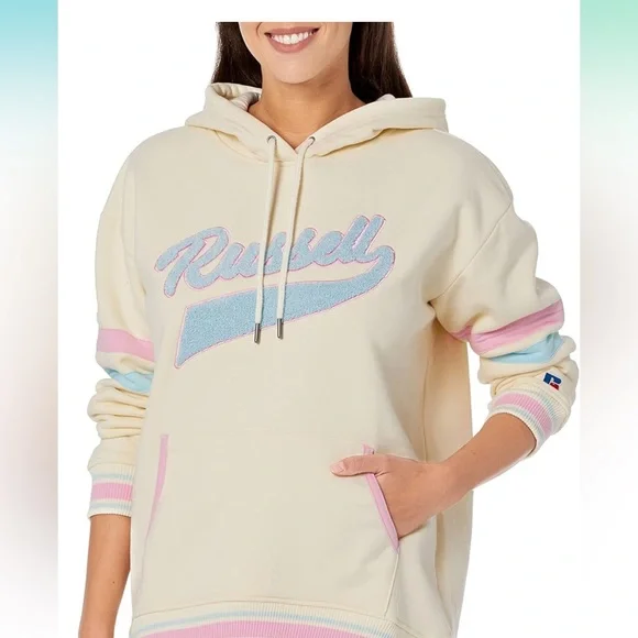 RUSSELL SCRIPT HOODIE Boyfriend Fit VINTAGE WHITE NWT - Picture 1 of 8